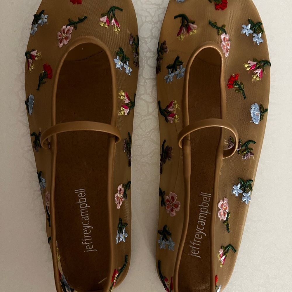 Jeffrey Campbell Tan Floral Embroidered Mary Jane Flats